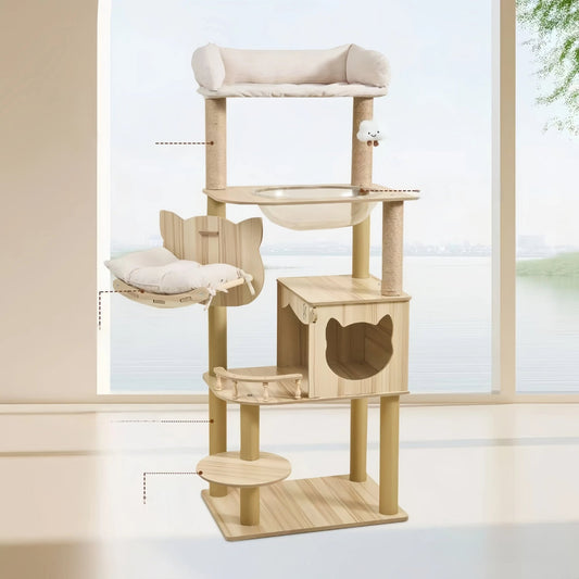 155cm “Cat Ear & Cloud” Wooden Cat Tree – Cute Hammock, Space Capsule & Extra - Large Condo - OKIEEPET