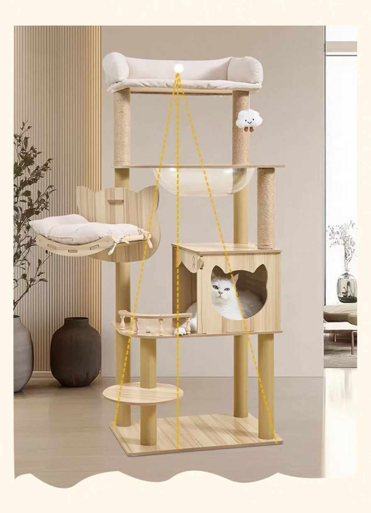 155cm “Cat Ear & Cloud” Wooden Cat Tree – Cute Hammock, Space Capsule & Extra-Large Condo - OKIEEPET