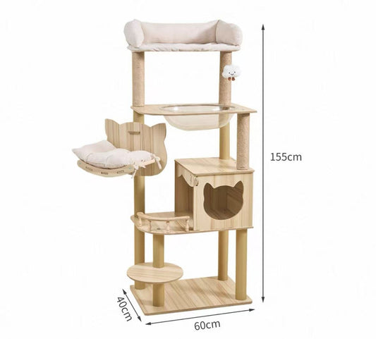 155cm โCat Ear & Cloudโ Wooden Cat Tree โ Cute Hammock, Space Capsule & Extra-Large Condo - OKIEEPET