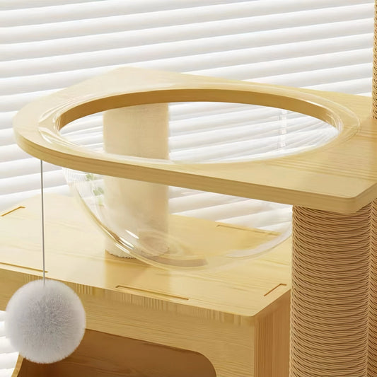 185cm Tall "Paw & Cloud" Wooden Cat Tree – Plush Perch, Space Capsule & Cute Condos - OKIEEPET