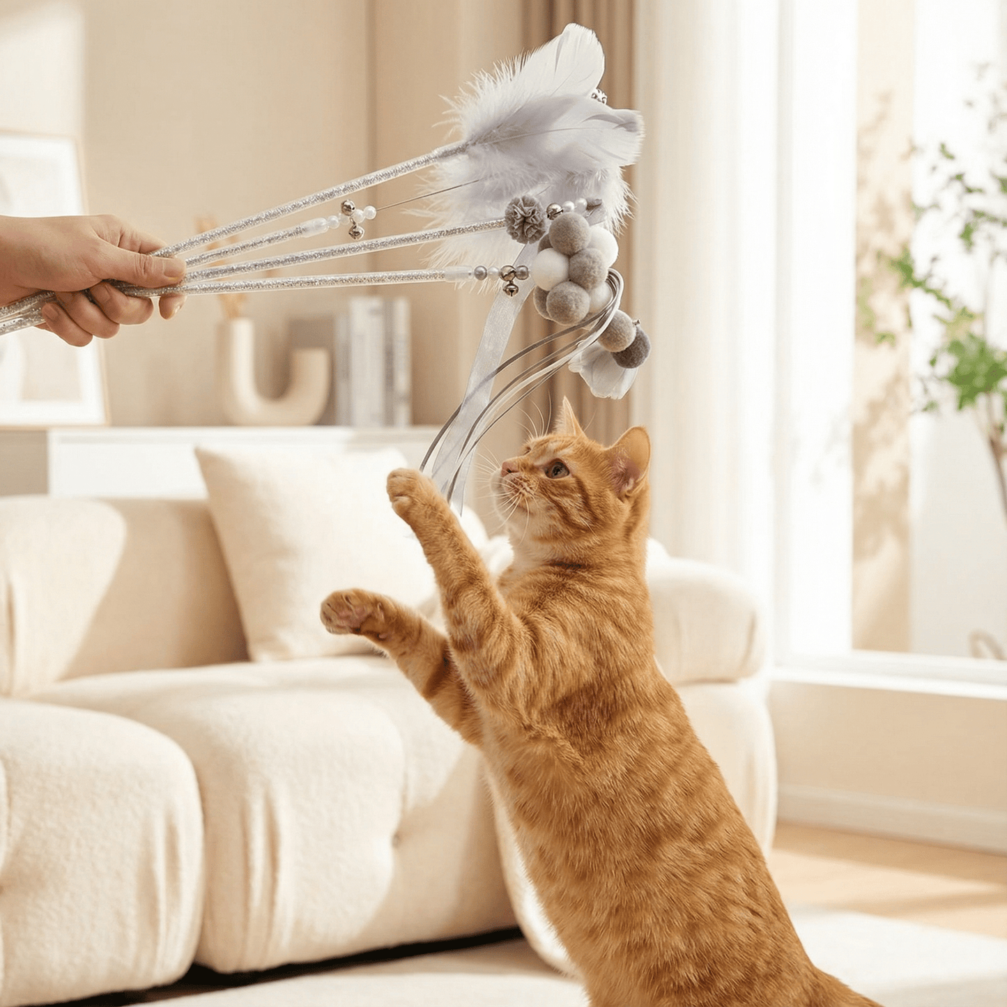 5-Piece Indoor Cat Wand Toy Bundle – Feather Bell Plush Interactive Teaser Set - OKIEEPET