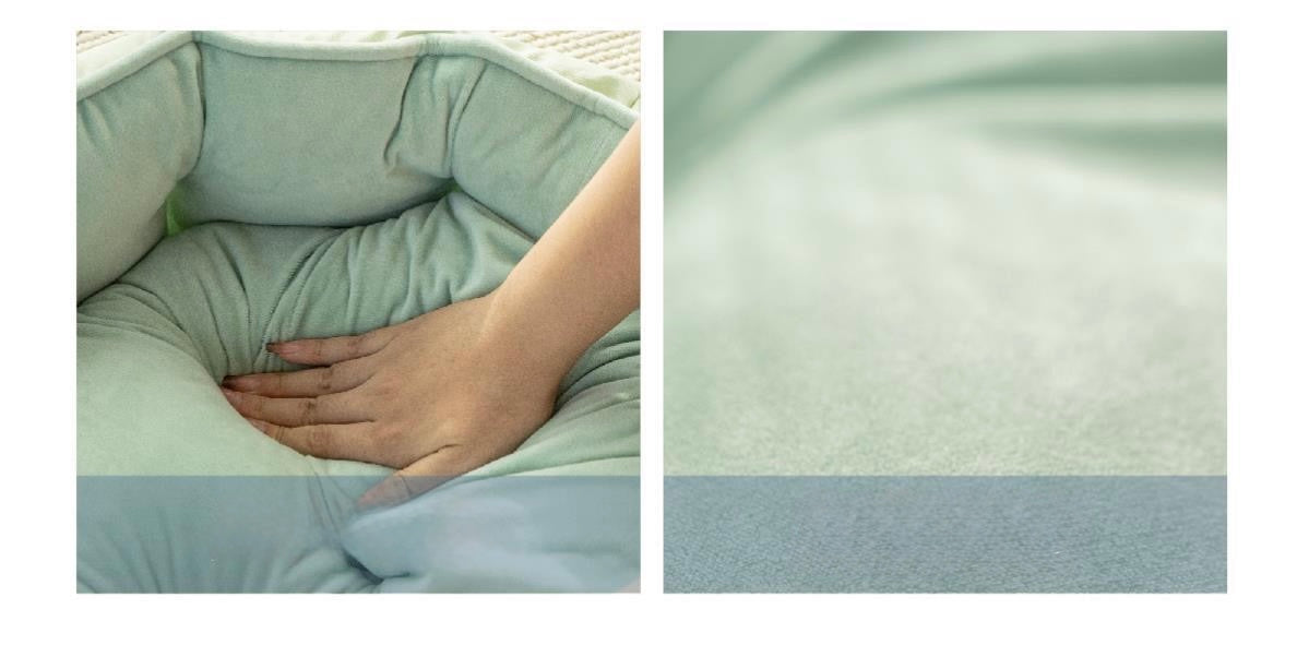 Hand pressing soft, plush light green cushion showing texture and comfort of pet bed