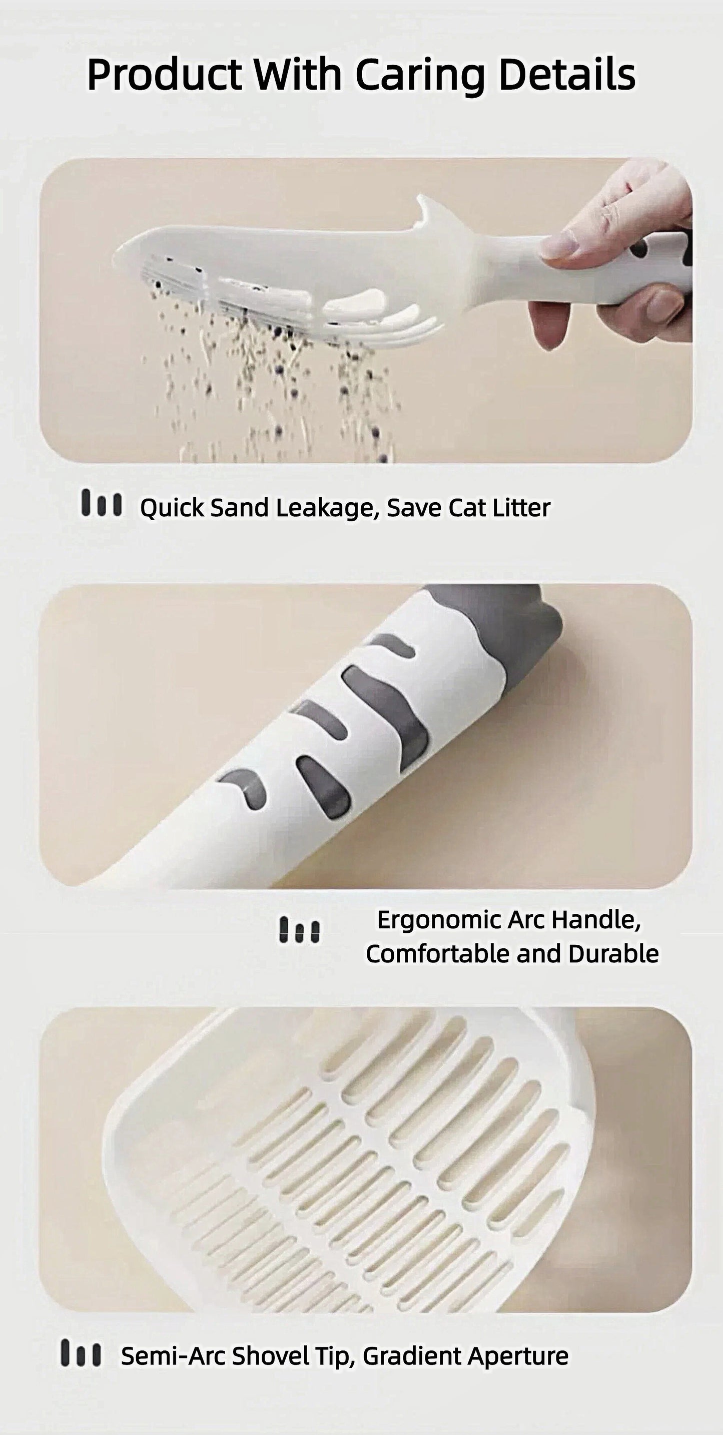 White ergonomic cat litter scoop with semi-arc shovel tip and gradient aperture to reduce sand leakage
