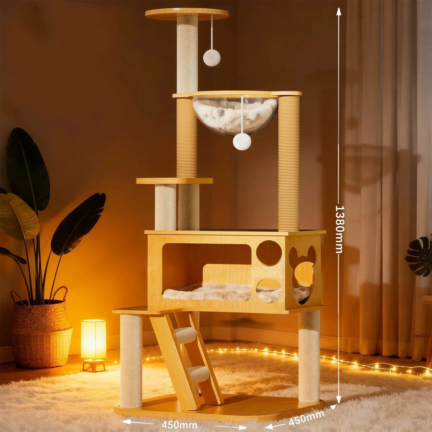 Modern wooden cat tree with plush cushions, scratching posts, and hanging toys in cozy room