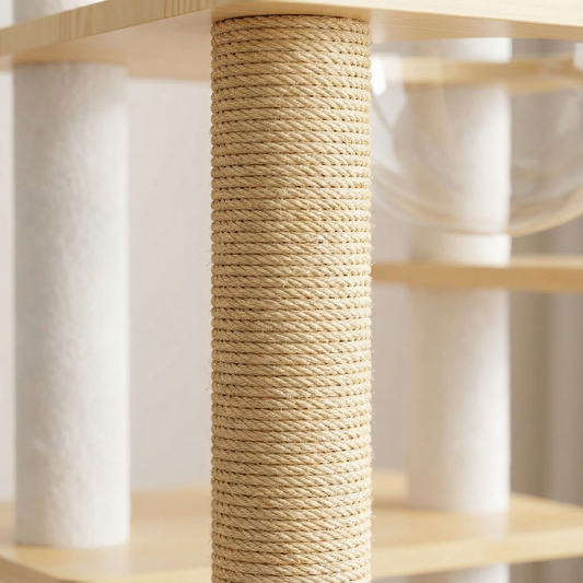 172cm "Sky Lounge" Wooden Cat Tree โ Fluffy Perch, Space Capsule & Playful Toy Tops - OKIEEPET