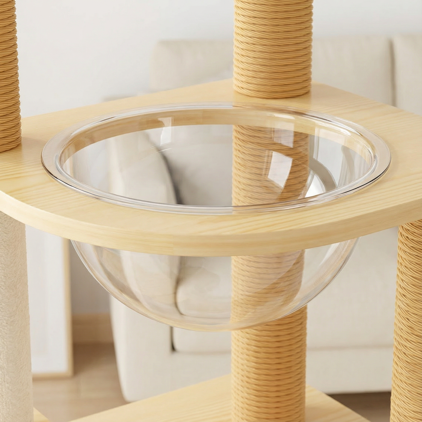 172cm "Sky Lounge" Wooden Cat Tree – Fluffy Perch, Space Capsule & Playful Toy Tops - OKIEEPET