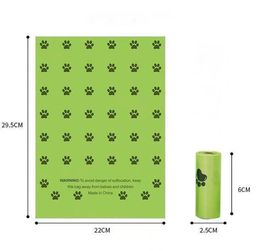 Green dog poop bags with black paw prints, dimensions 29.5x22cm, and a 6cm roll size