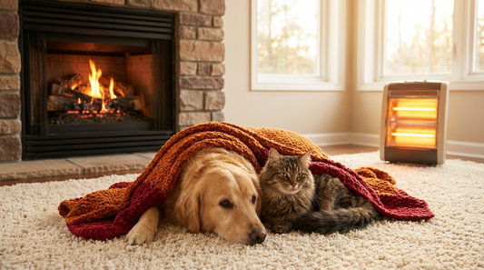 Golden retriever dog and tabby cat cozy under blanket on carpet near fireplace and heater
