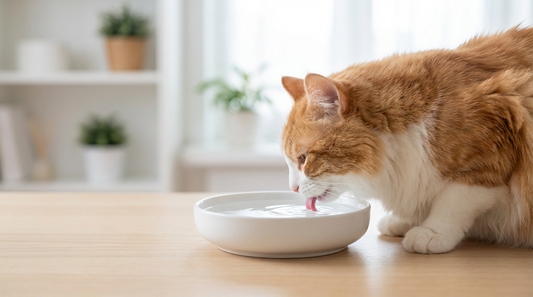 Ginger and white cat drinking water from a white bowl on wooden table in bright room with plants