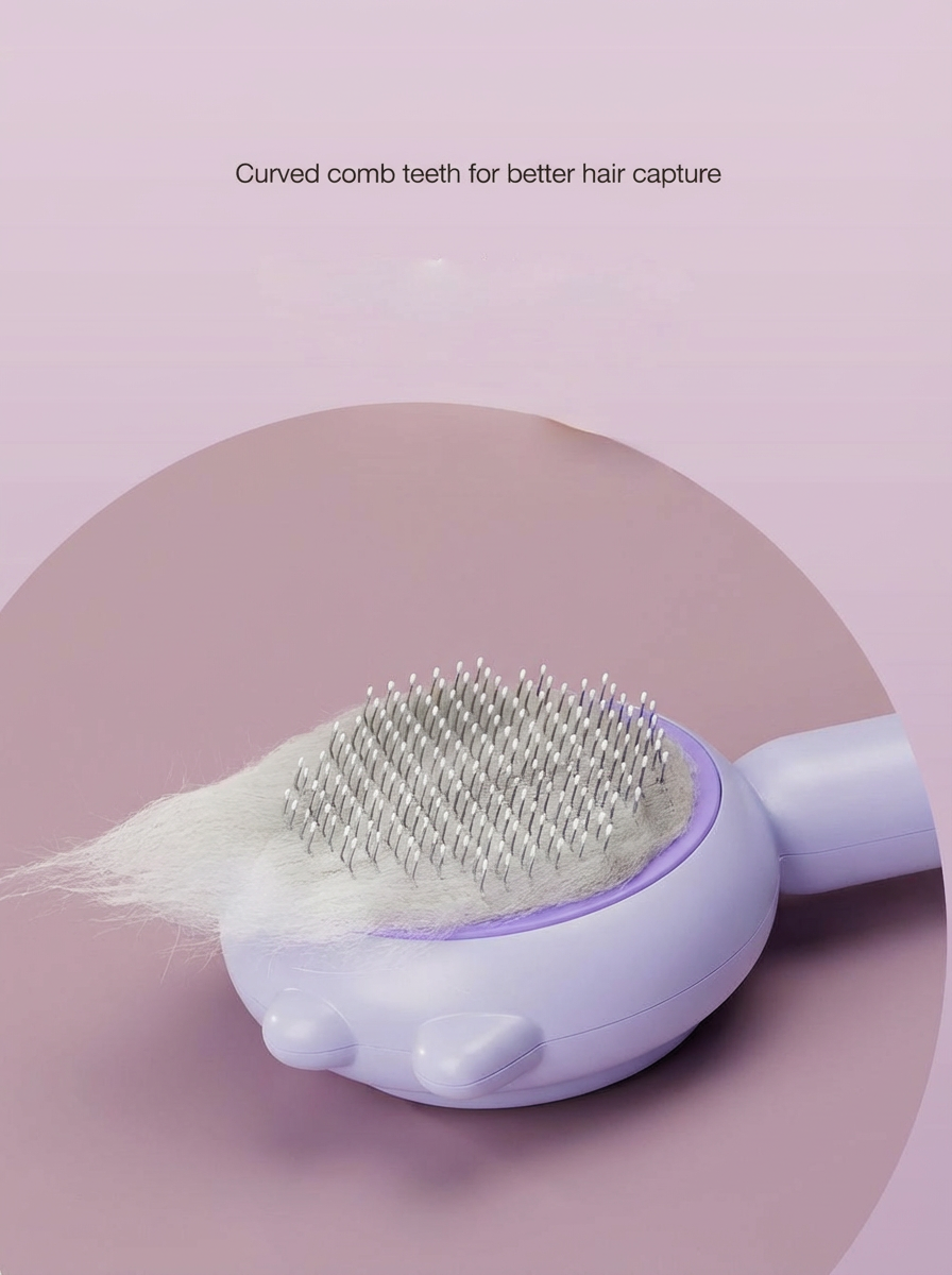 Purple pet grooming brush with curved metal teeth removing white pet hair
