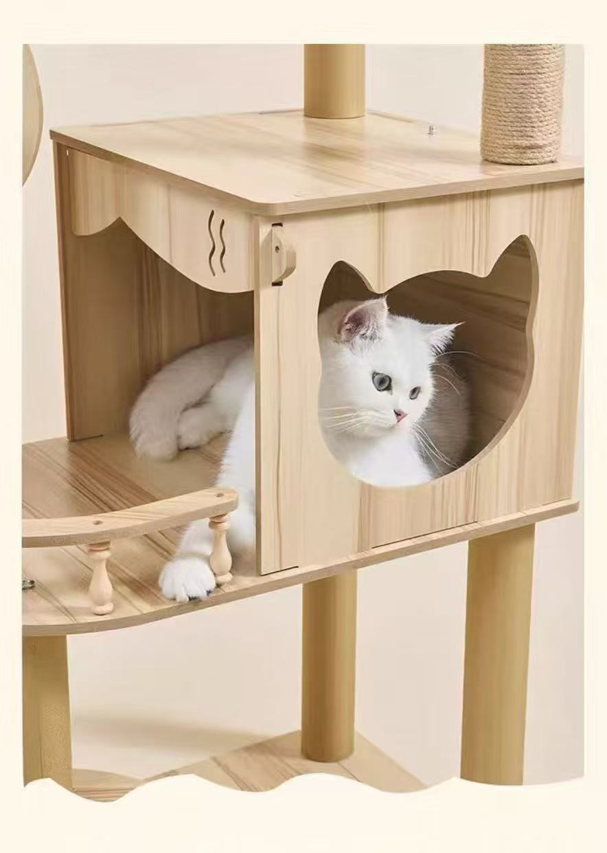 155cm “Cat Ear & Cloud” Wooden Cat Tree – Cute Hammock, Space Capsule & Extra-Large Condo - OKIEEPET