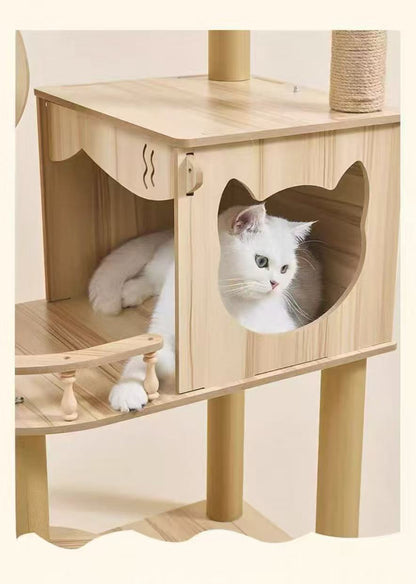 155cm “Cat Ear & Cloud” Wooden Cat Tree – Cute Hammock, Space Capsule & Extra-Large Condo - OKIEEPET