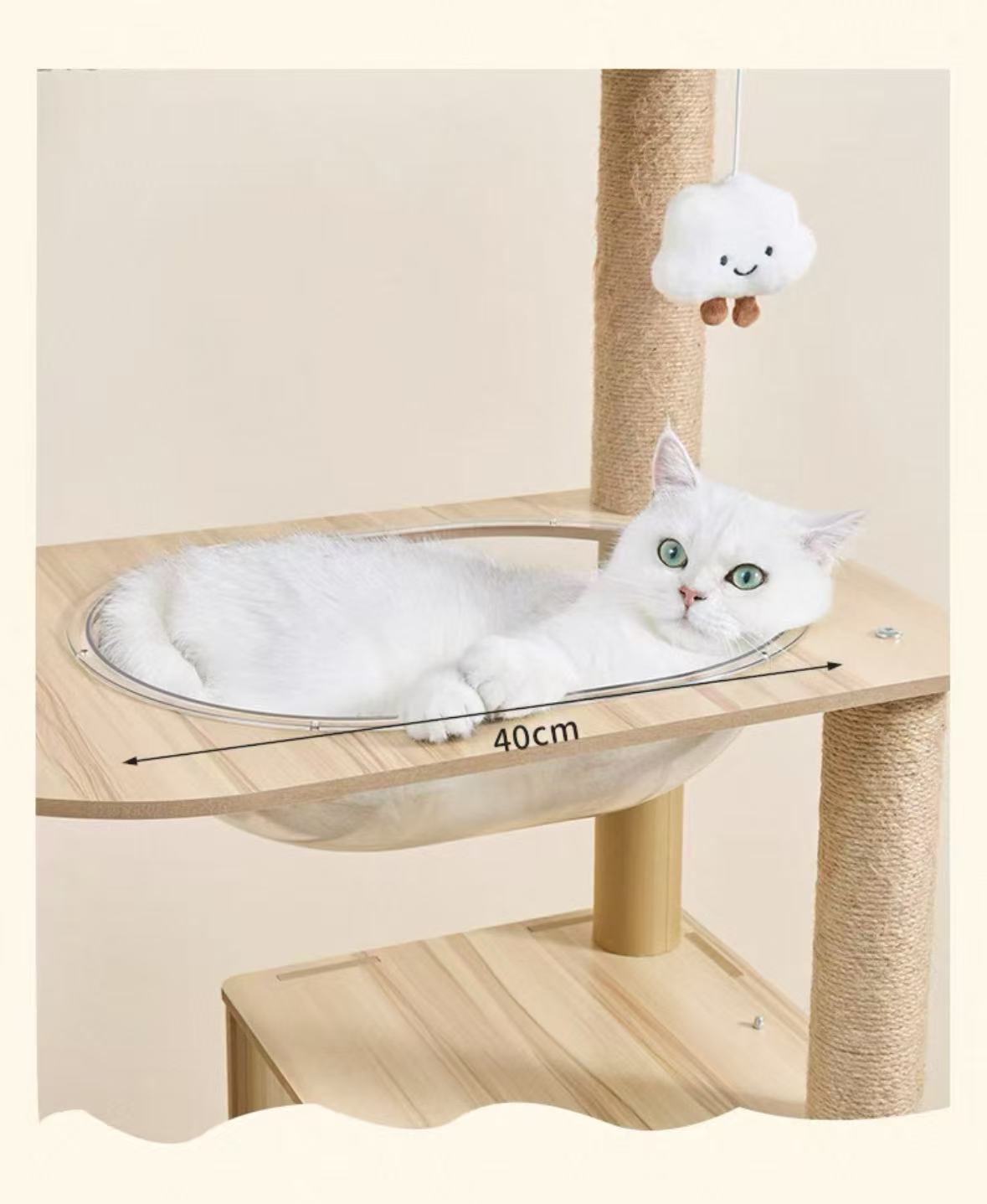 155cm “Cat Ear & Cloud” Wooden Cat Tree – Cute Hammock, Space Capsule & Extra-Large Condo - OKIEEPET