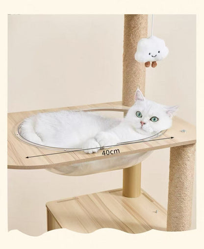 155cm “Cat Ear & Cloud” Wooden Cat Tree – Cute Hammock, Space Capsule & Extra-Large Condo - OKIEEPET