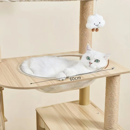 155cm “Cat Ear & Cloud” Wooden Cat Tree – Cute Hammock, Space Capsule & Extra - Large Condo - OKIEEPET