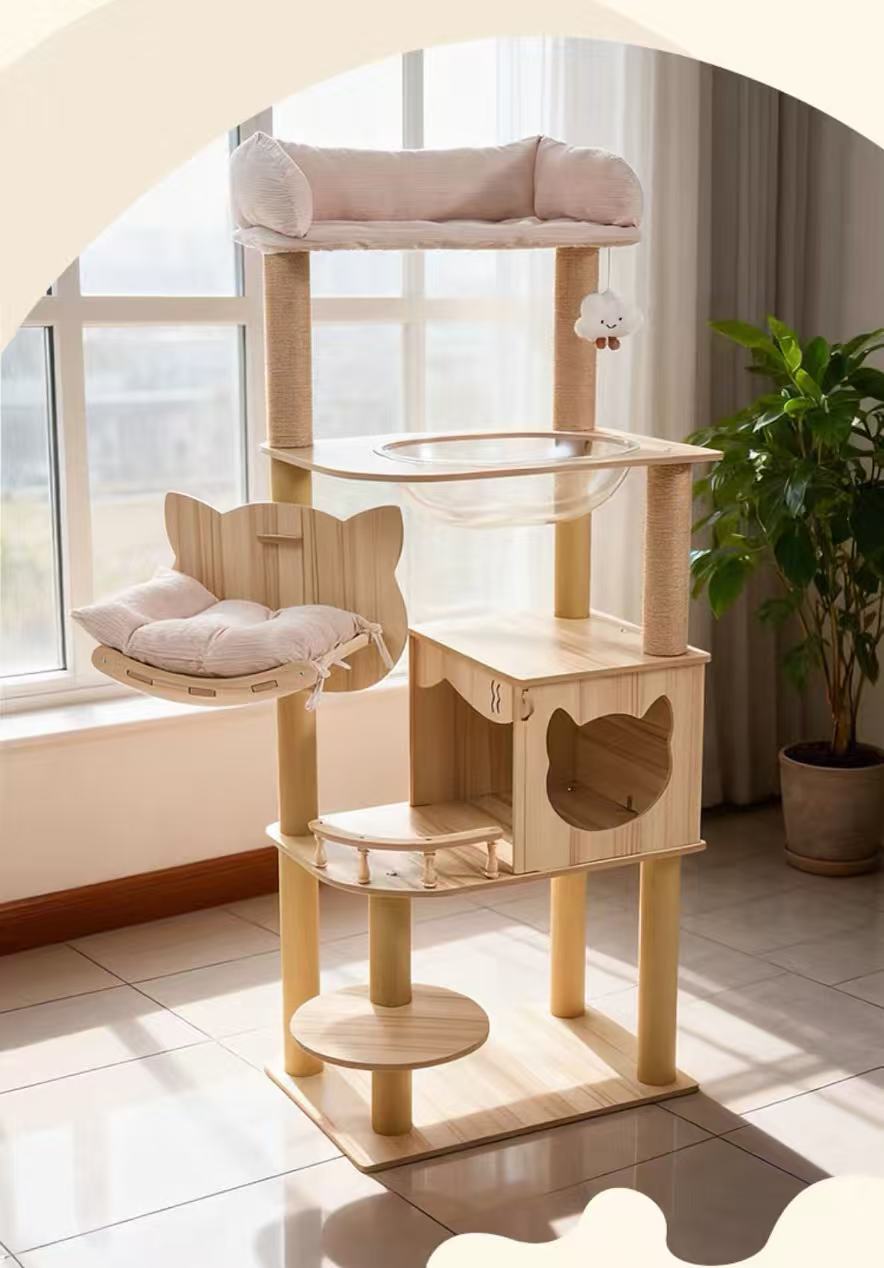 155cm “Cat Ear & Cloud” Wooden Cat Tree – Cute Hammock, Space Capsule & Extra-Large Condo - OKIEEPET