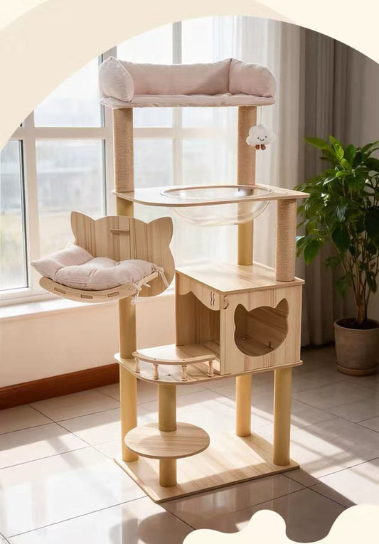 155cm “Cat Ear & Cloud” Wooden Cat Tree – Cute Hammock, Space Capsule & Extra-Large Condo - OKIEEPET