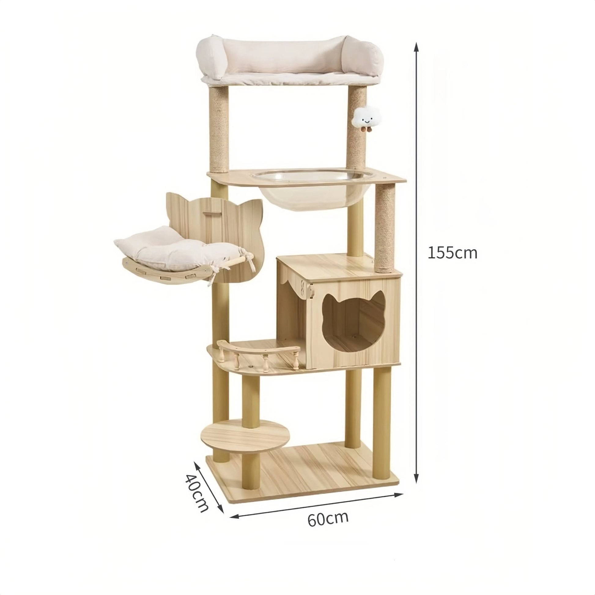 155cm “Cat Ear & Cloud” Wooden Cat Tree – Cute Hammock, Space Capsule & Extra - Large Condo - OKIEEPET