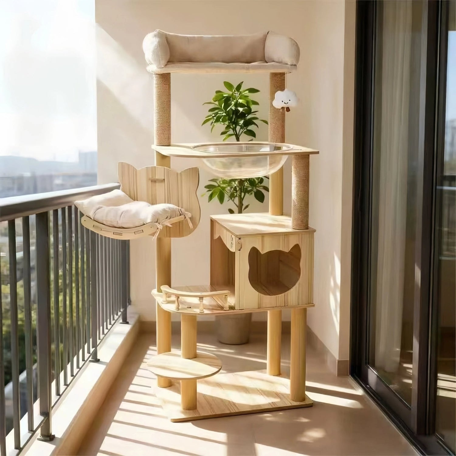 155cm “Cat Ear & Cloud” Wooden Cat Tree – Cute Hammock, Space Capsule & Extra - Large Condo - OKIEEPET