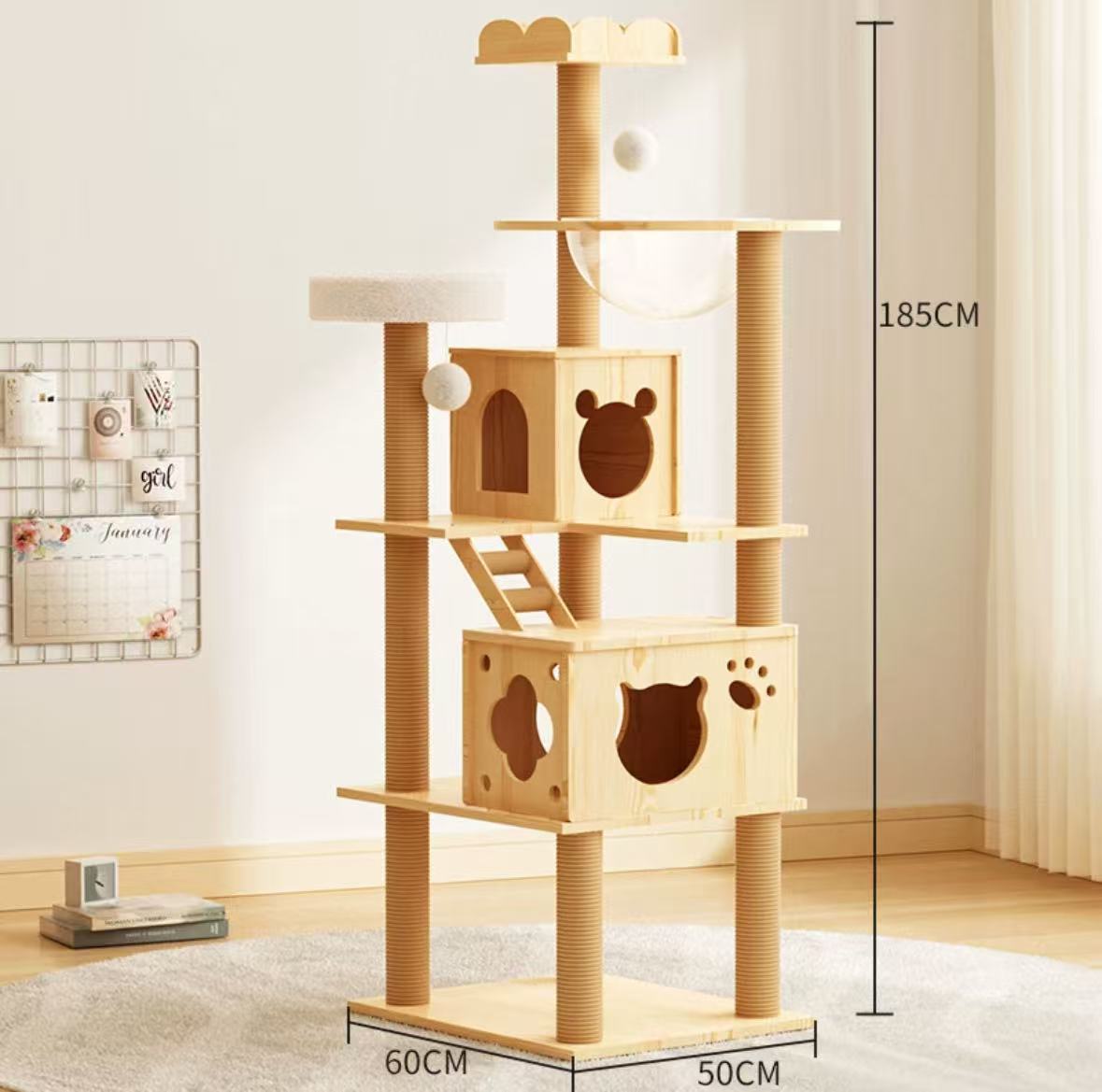 185cm Tall "Paw & Cloud" Wooden Cat Tree – Plush Perch, Space Capsule & Cute Condos - OKIEEPET