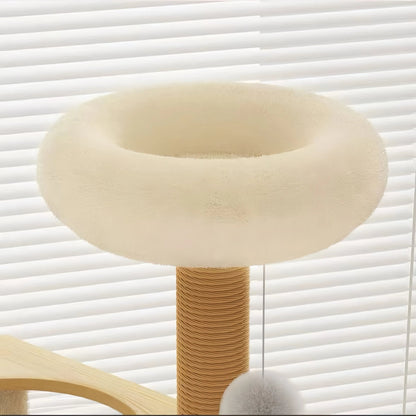 185cm Tall "Paw & Cloud" Wooden Cat Tree – Plush Perch, Space Capsule & Cute Condos - OKIEEPET