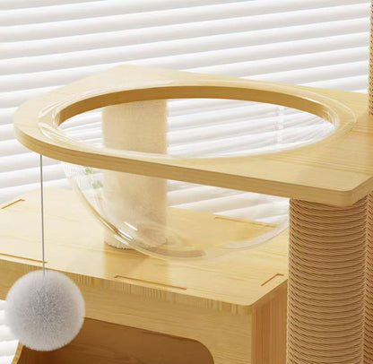 185cm Tall "Paw & Cloud" Wooden Cat Tree – Plush Perch, Space Capsule & Cute Condos - OKIEEPET