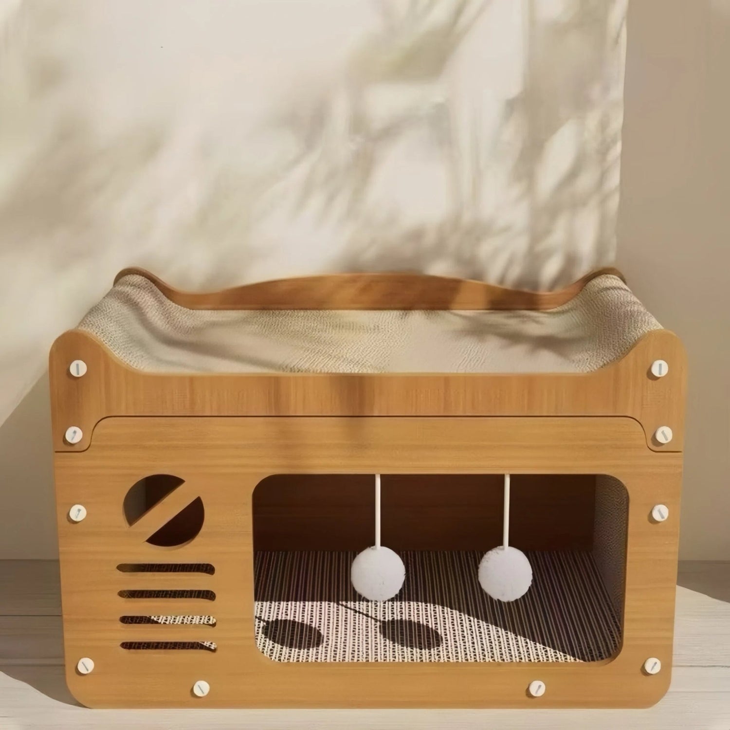 2 - in - 1 Wooden Cat Scratcher House with Lounge Bed & Toys - OKIEEPET