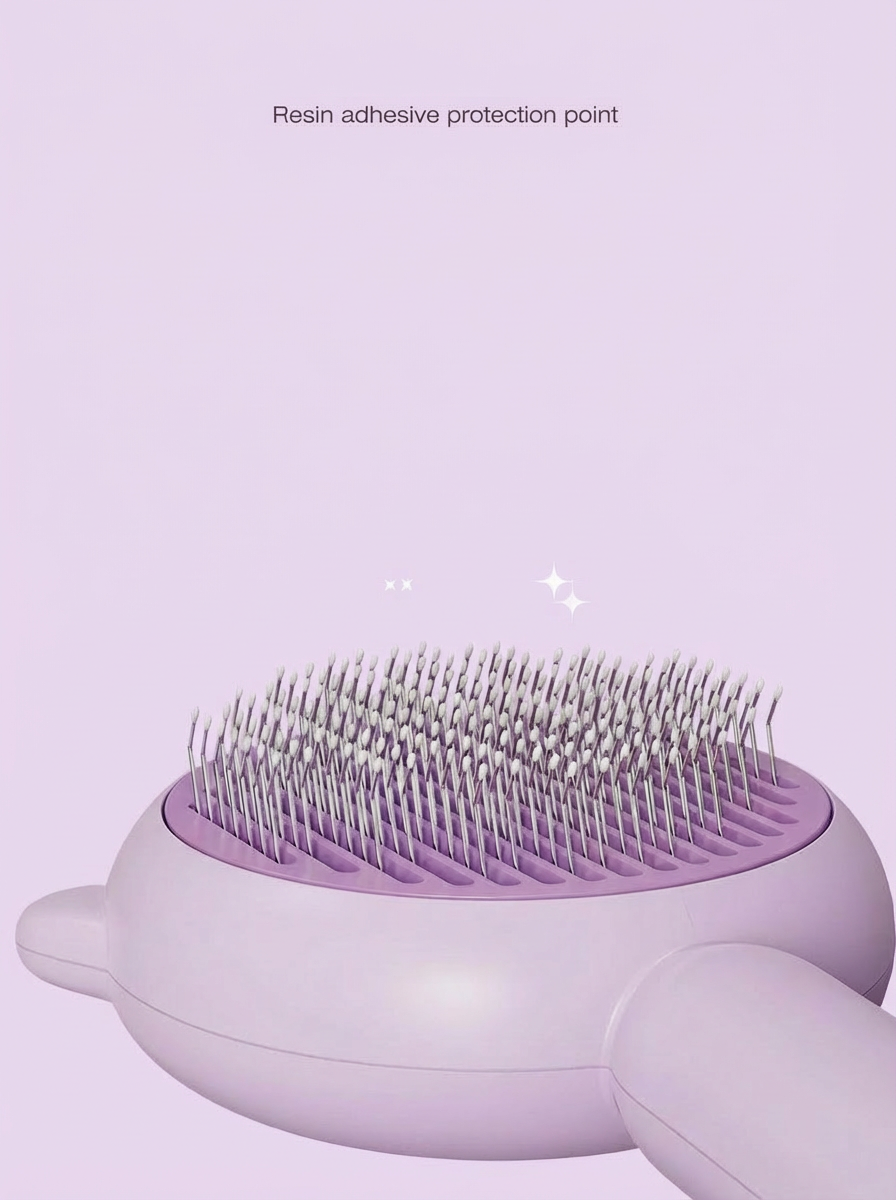 Close-up of a pastel purple hairbrush with resin adhesive protection on bristle tips