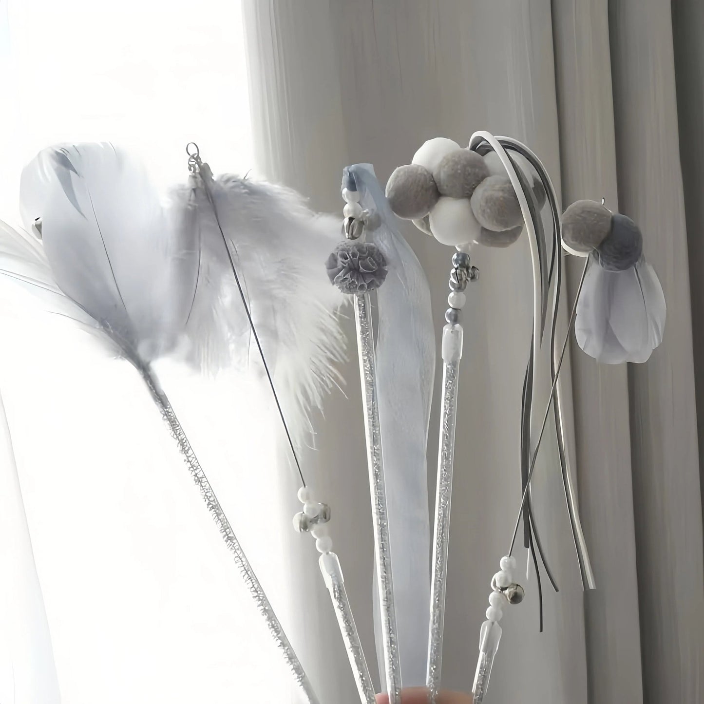 5 - Piece Cat Wand Toy Bundle Feather Bell Plush Interactive Teasers - OKIEEPET