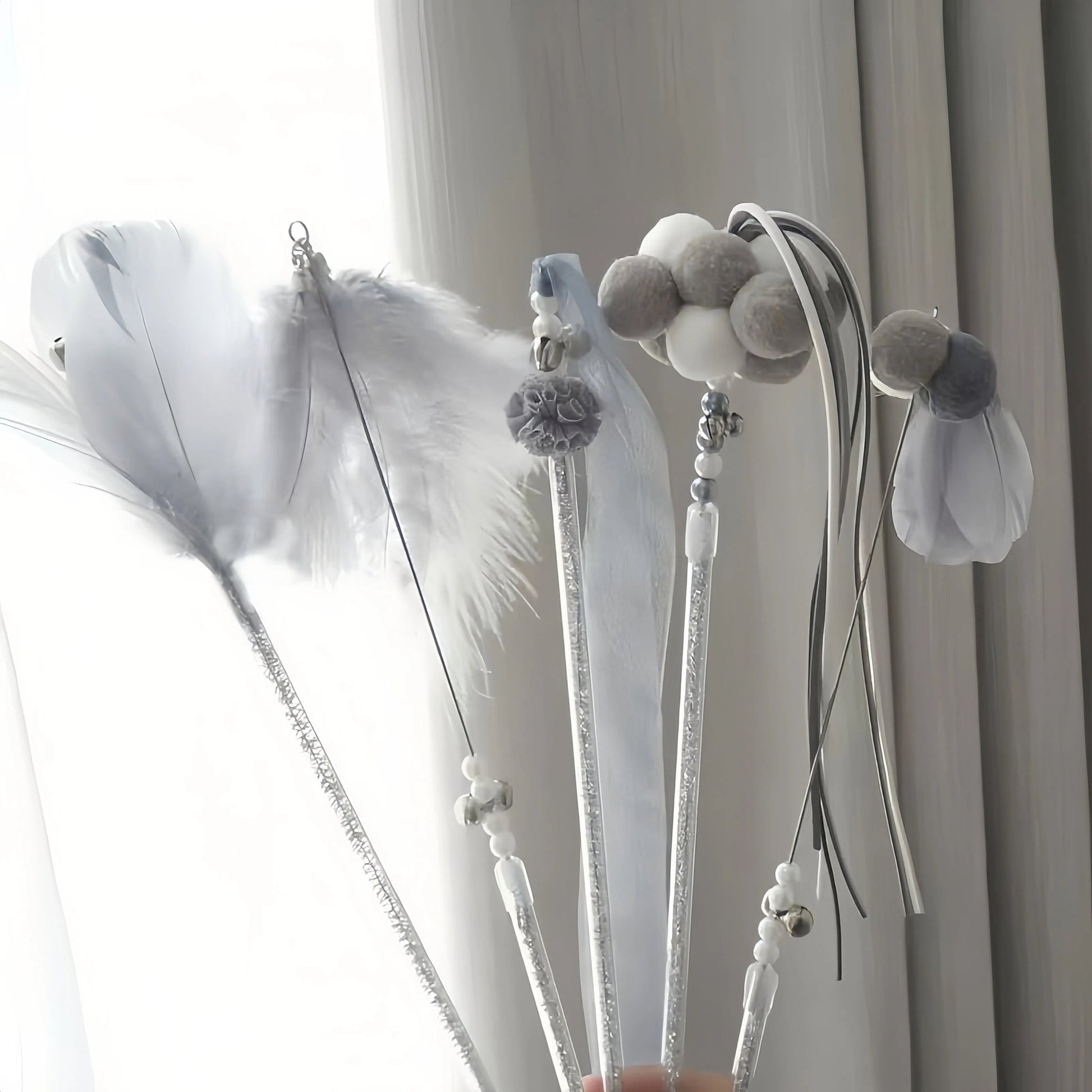 5 - Piece Cat Wand Toy Bundle Feather Bell Plush Interactive Teasers - OKIEEPET