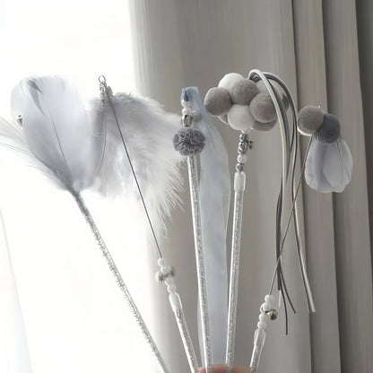 5 - Piece Cat Wand Toy Bundle Feather Bell Plush Interactive Teasers - OKIEEPET