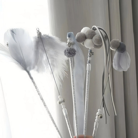 5 - Piece Cat Wand Toy Bundle Feather Bell Plush Interactive Teasers - OKIEEPET