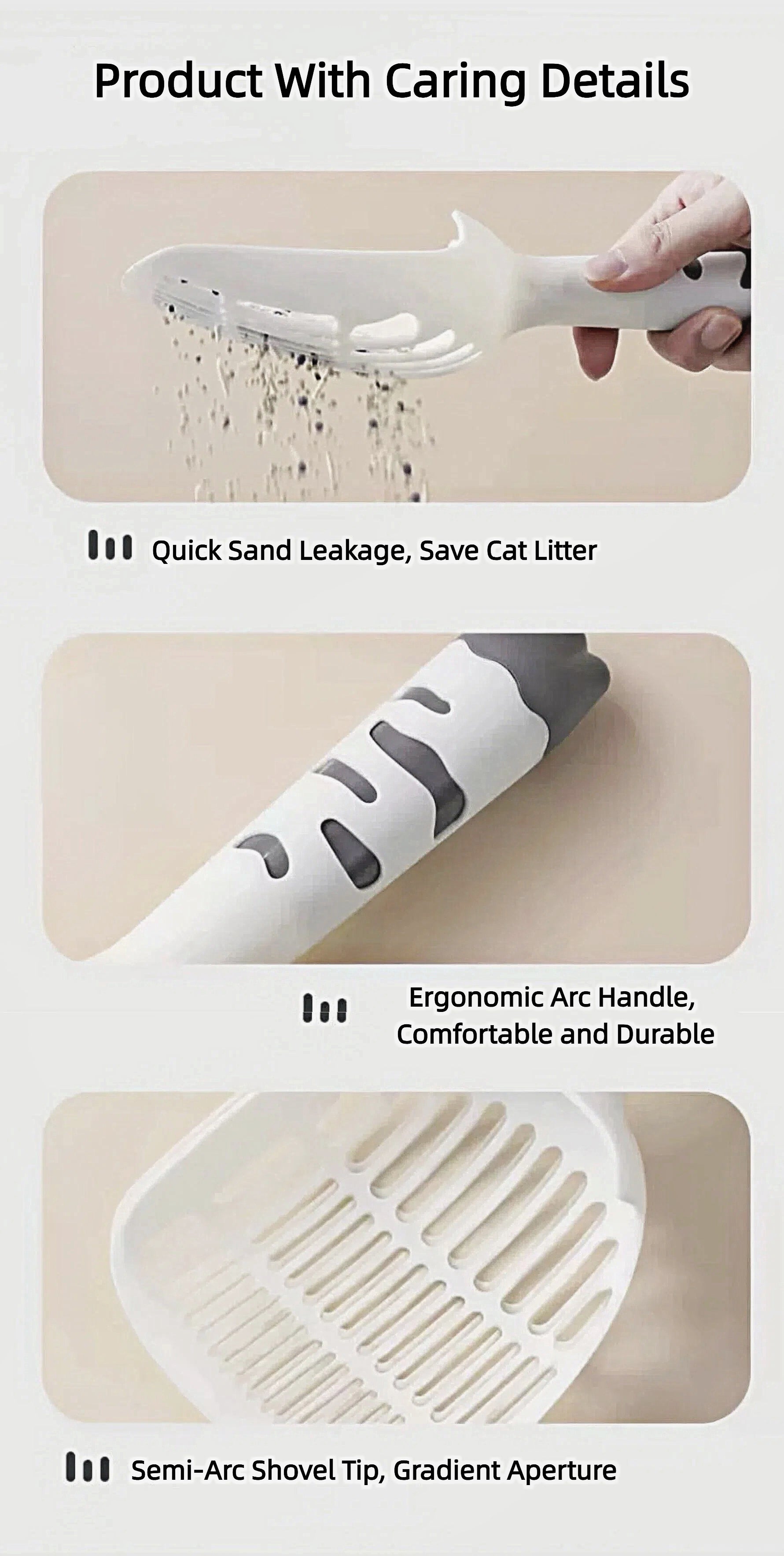 White ergonomic cat litter scoop with semi-arc shovel tip and gradient aperture to reduce sand leakage