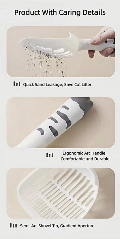 White ergonomic cat litter scoop with semi-arc shovel tip and gradient aperture to reduce sand leakage