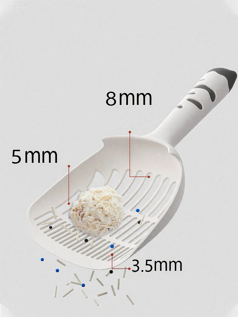 white plastic litter scoop with labeled hole sizes 8mm, 5mm, 3.5mm and litter clumping ball