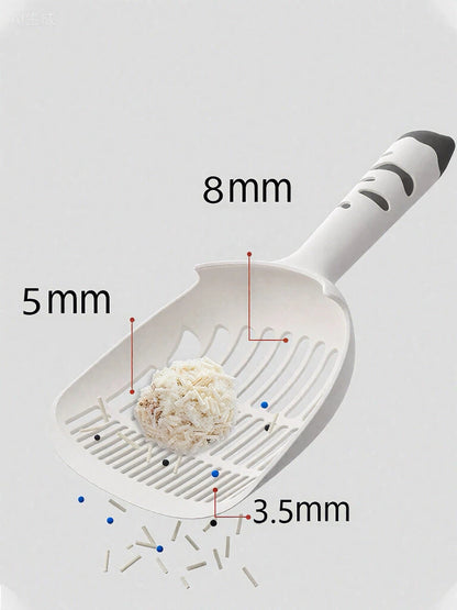 white plastic litter scoop with labeled hole sizes 8mm, 5mm, 3.5mm and litter clumping ball