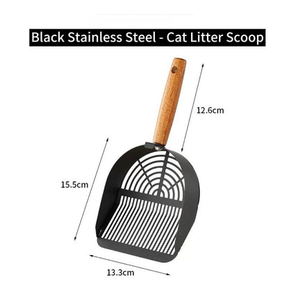 Black stainless steel cat litter scoop with wooden handle and dimensions labeled