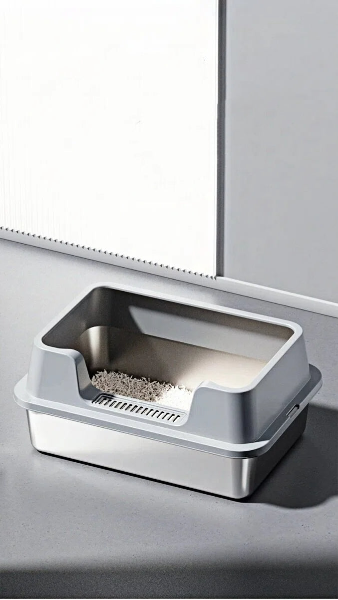 Modern two-tone gray covered cat litter box with clumping litter on gray floor near window
