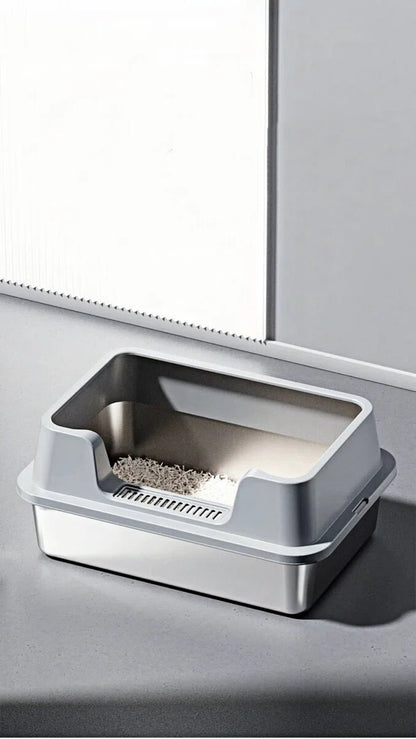 Modern two-tone gray covered cat litter box with clumping litter on gray floor near window