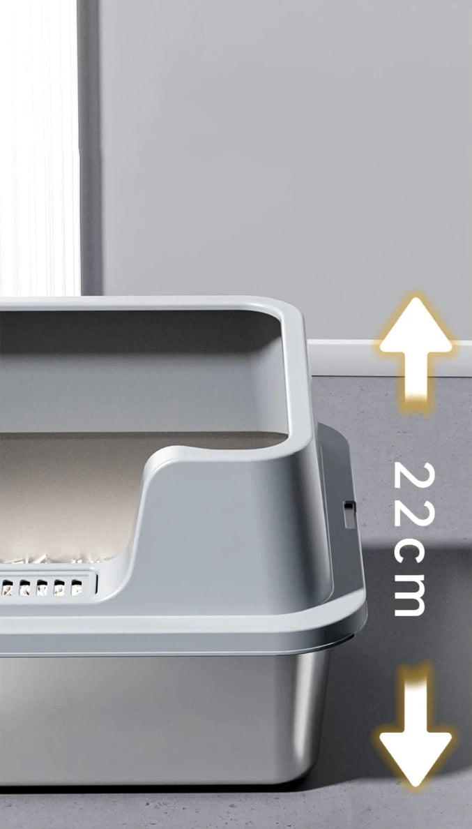 Modern gray covered cat litter box with 22cm height measurement arrows on gray floor