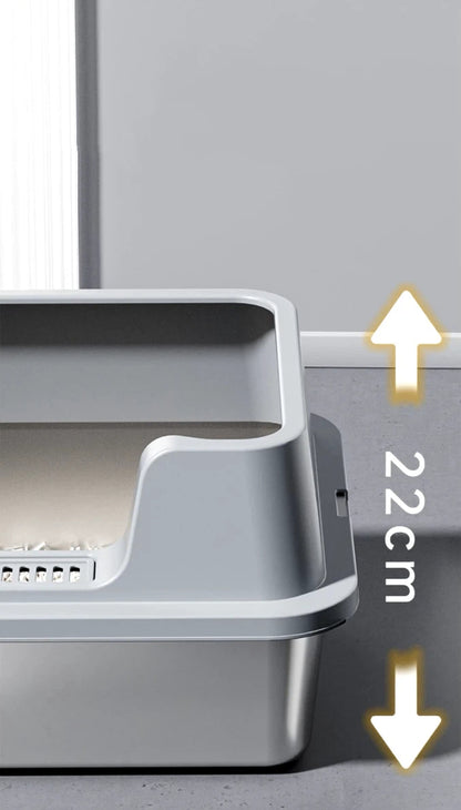 Modern gray covered cat litter box with 22cm height measurement arrows on gray floor