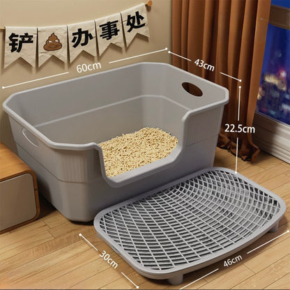 Large Open Cat Litter Box with Anti-Tracking Step Platform