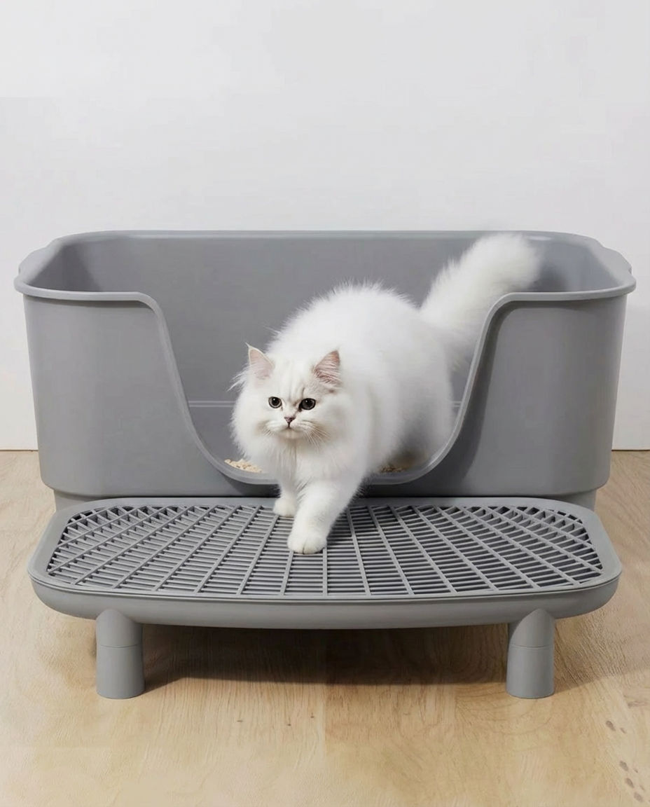 Large Open Cat Litter Box with Anti-Tracking Step Platform
