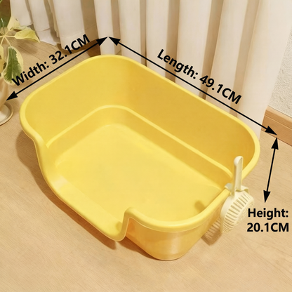 Yellow plastic wash basin with brush on wooden floor next to plant and curtain, size labeled