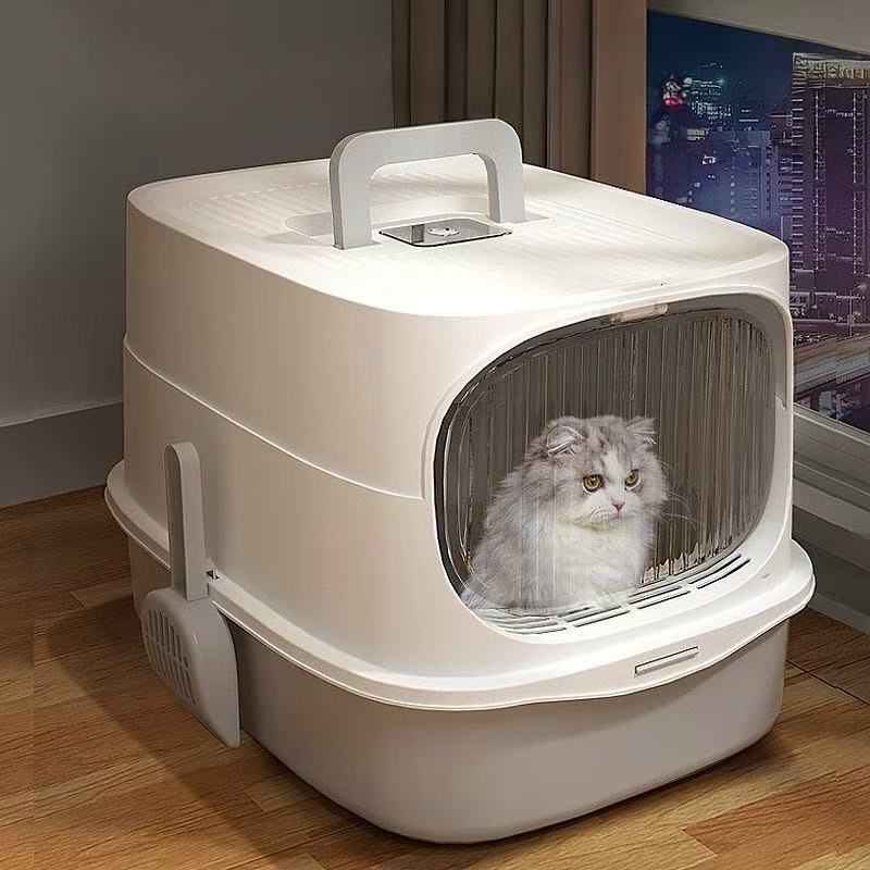 White cat sitting inside a modern beige pet carrier with handle on wooden floor near city window