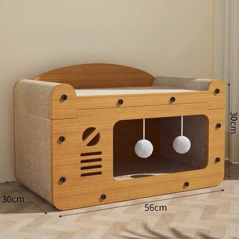 Wooden cat litter box enclosure with ventilation slats, hanging pom-pom toys, and textured sides, measuring 56x30x30 cm.