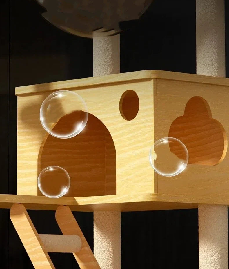 Modern wooden cat condo with ladder and geometric cutouts in soft light with floating bubbles