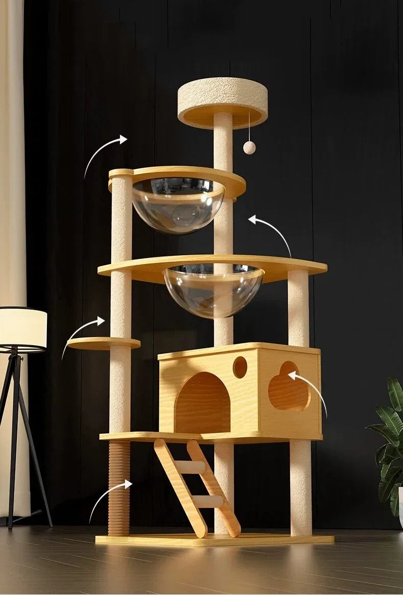 Modern wooden cat tree with glass bubble perches, scratching posts, ladder, and cozy cubed hideout