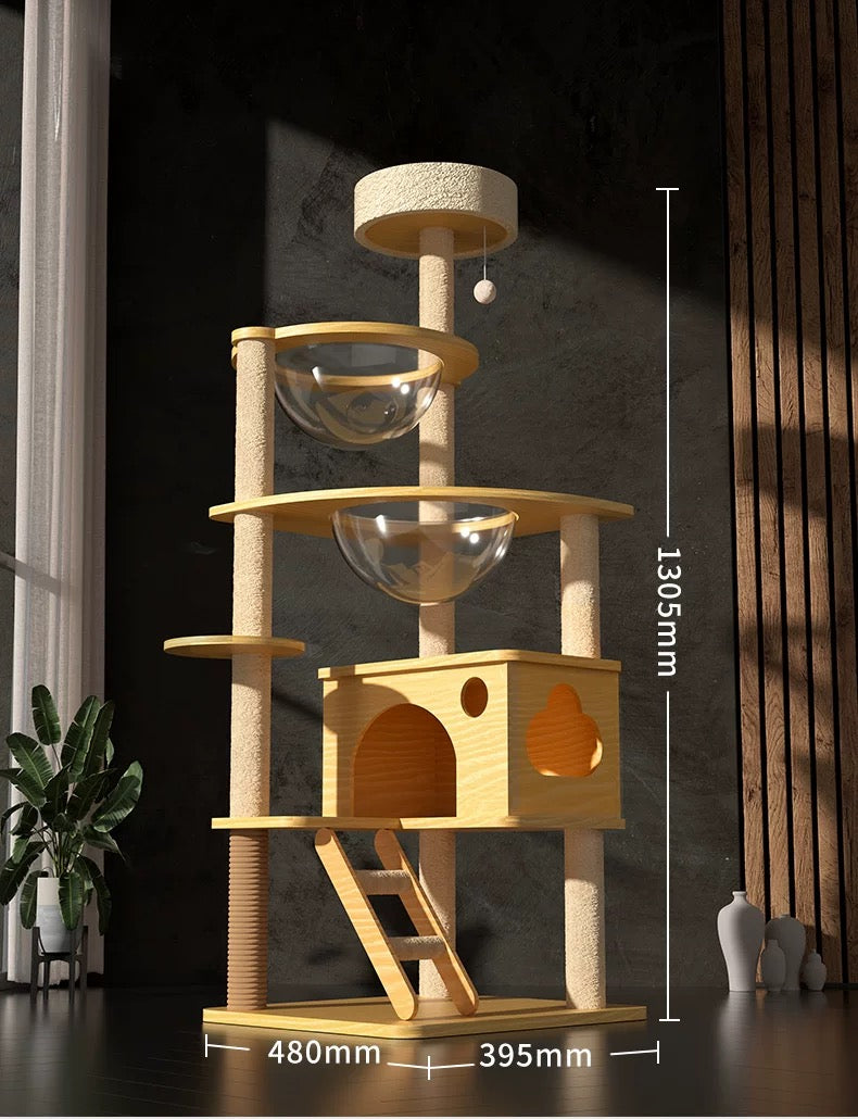 Modern beige wooden cat tree with clear bubble pods, ladder, and scratching posts in a sunlit room