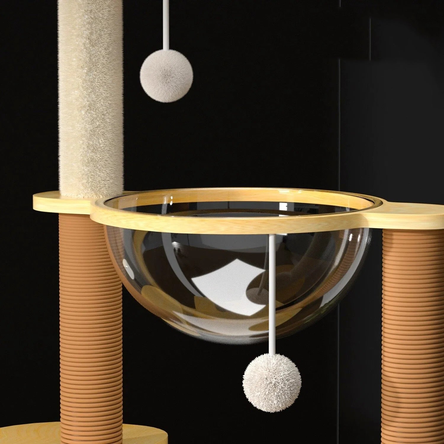 Modern cat tree with a transparent bubble bed, beige sisal posts, and hanging plush balls